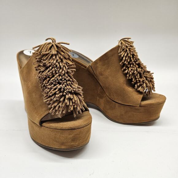 Carlos Santana Wedge 7M Slide Sandal Tan Brown Suede Boho Western 5"H NOS - Picture 1 of 6